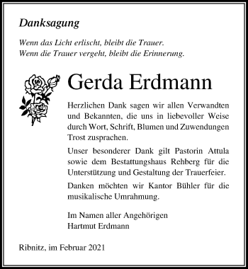 Traueranzeige von Gerda Erdmann von Ostsee-Zeitung GmbH