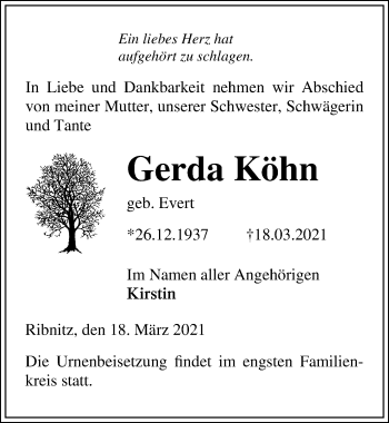 Traueranzeige von Gerda Köhn von Ostsee-Zeitung GmbH