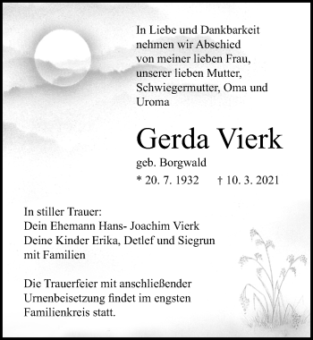 Traueranzeige von Gerda Vierk von Ostsee-Zeitung GmbH