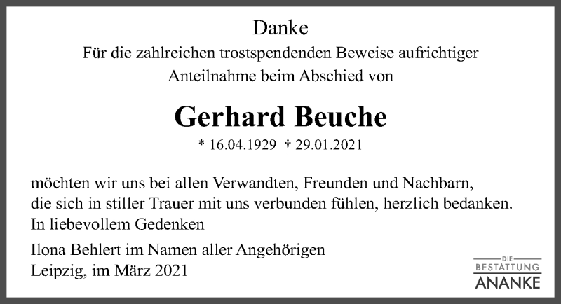  Traueranzeige für Gerhard Beuche vom 27.03.2021 aus Leipziger Volkszeitung