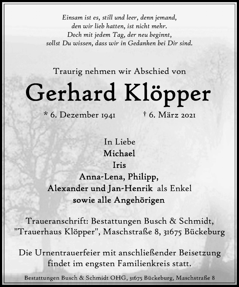  Traueranzeige für Gerhard Klöpper vom 13.03.2021 aus Schaumburger Nachrichten