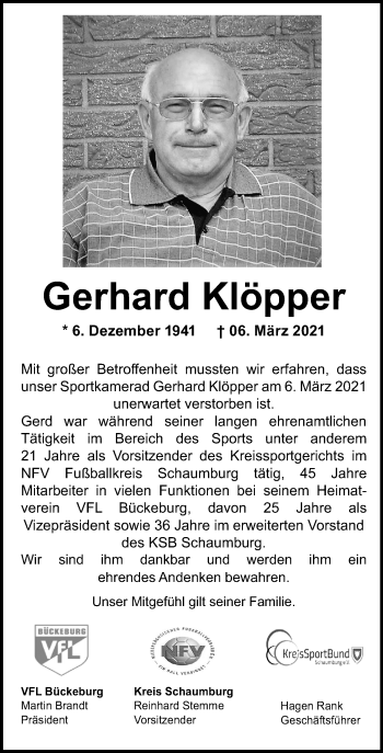 Traueranzeige von Gerhard Klöpper von Schaumburger Nachrichten