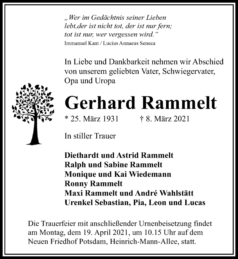  Traueranzeige für Gerhard Rammelt vom 20.03.2021 aus Märkischen Allgemeine Zeitung