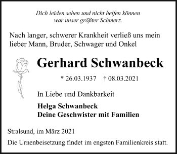Traueranzeige von Gerhard Schwanbeck von Ostsee-Zeitung GmbH