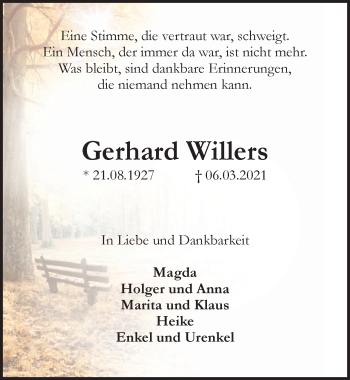 Traueranzeige von Gerhard Willers von Lübecker Nachrichten