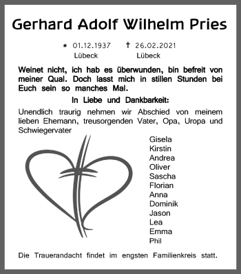 Traueranzeige von Gerhard Adam Wilhelm Pries von Lübecker Nachrichten