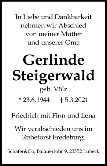 Traueranzeige von Gerlinde Steigerwald von Lübecker Nachrichten