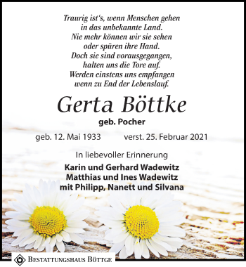 Traueranzeige von Gerta Böttke von Leipziger Volkszeitung