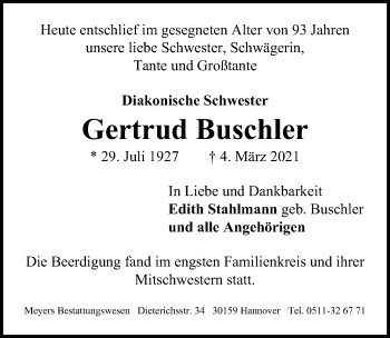 Traueranzeige von Gertrud Buschler von Hannoversche Allgemeine Zeitung/Neue Presse
