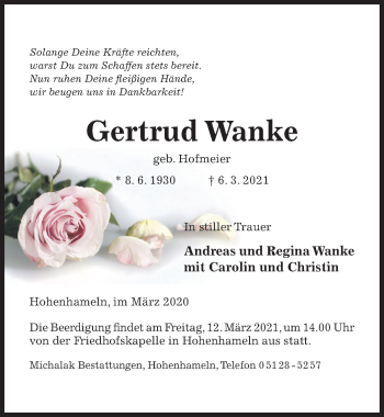 Traueranzeige von Gertrud Wanke von Peiner Allgemeine Zeitung