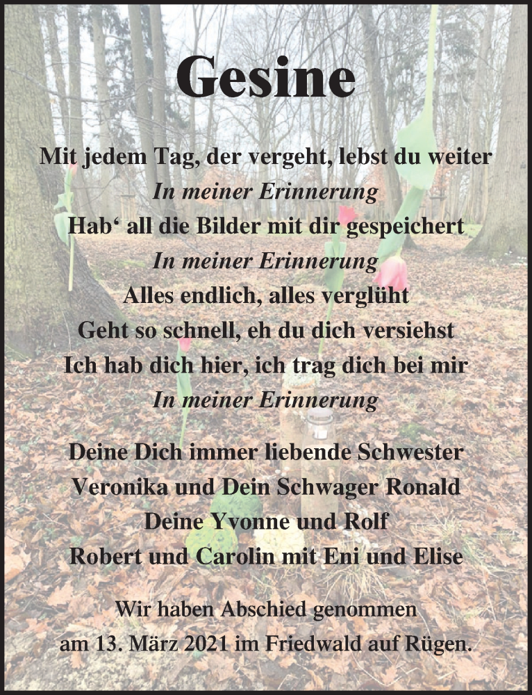  Traueranzeige für Gesine  vom 20.03.2021 aus Ostsee-Zeitung GmbH