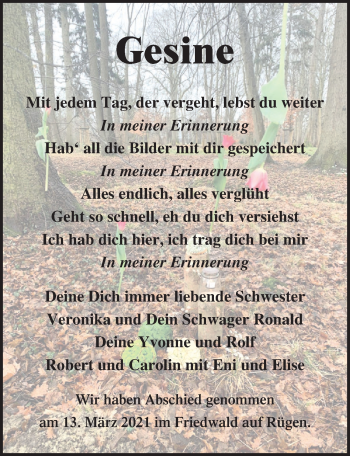 Traueranzeige von Gesine  von Ostsee-Zeitung GmbH