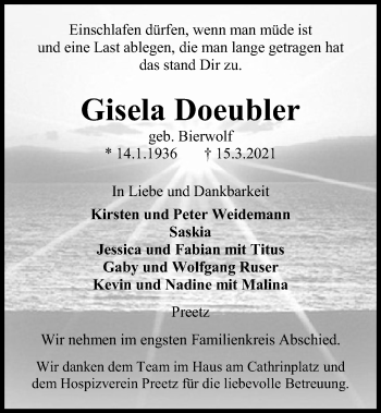 Traueranzeige von Gisela Doeubler von Kieler Nachrichten