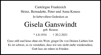 Traueranzeige von Gisela Ganswindt von Lübecker Nachrichten
