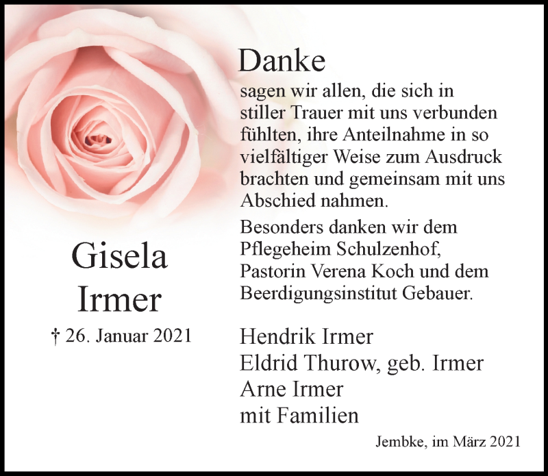  Traueranzeige für Gisela Irmer vom 06.03.2021 aus Aller Zeitung