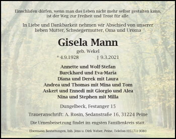 Traueranzeige von Gisela Mann von Peiner Allgemeine Zeitung