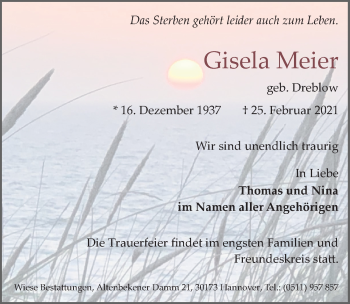 Traueranzeige von Gisela Meier von Hannoversche Allgemeine Zeitung/Neue Presse