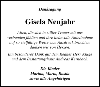 Traueranzeige von Gisela Neujahr von Märkischen Allgemeine Zeitung
