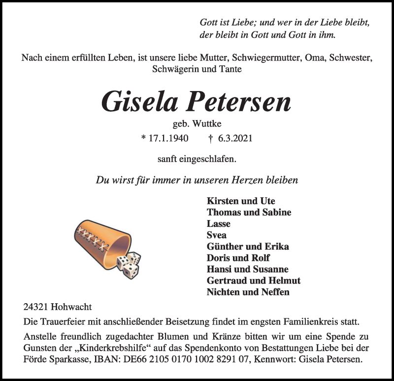  Traueranzeige für Gisela Petersen vom 10.03.2021 aus Kieler Nachrichten