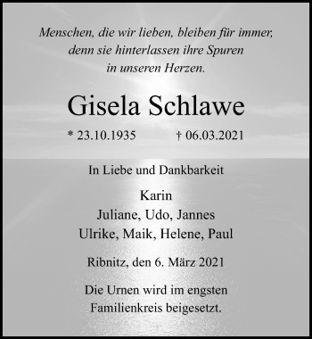 Traueranzeige von Gisela Schlawe von Ostsee-Zeitung GmbH