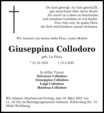 Traueranzeige von Giuseppina Collodoro von Aller Zeitung