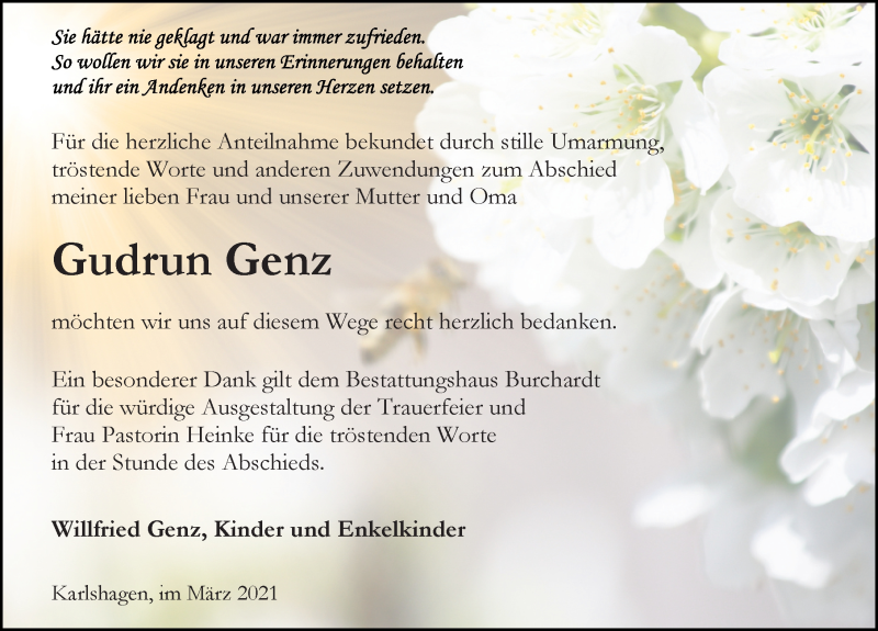  Traueranzeige für Gudrun Genz vom 13.03.2021 aus Ostsee-Zeitung GmbH
