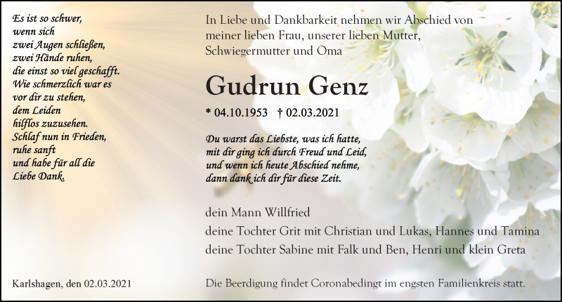  Traueranzeige für Gudrun Genz vom 06.03.2021 aus Ostsee-Zeitung GmbH