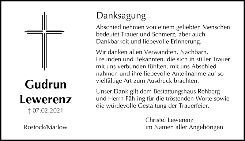  Traueranzeige für Gudrun Lewerenz vom 06.03.2021 aus Ostsee-Zeitung GmbH