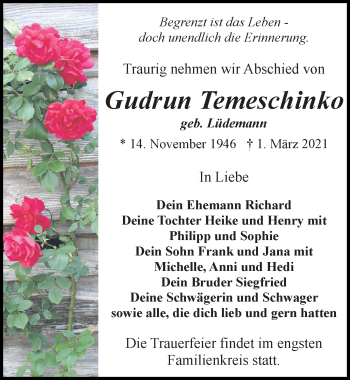Traueranzeige von Gudrun Temeschinko von Ostsee-Zeitung GmbH