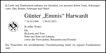 Traueranzeige von Günter Harwardt von Ostsee-Zeitung GmbH