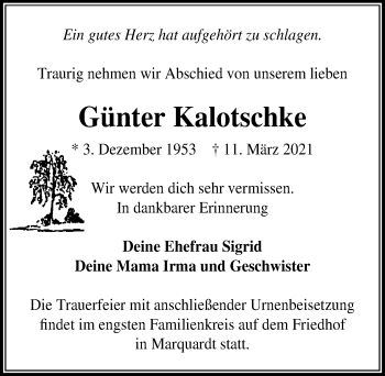 Traueranzeige von Günter Kalotschke von Märkischen Allgemeine Zeitung
