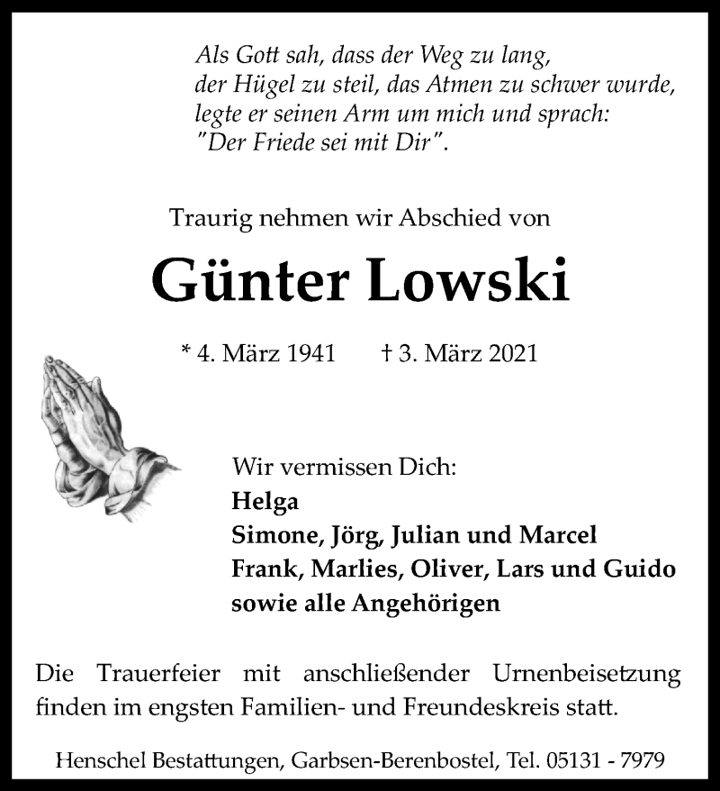  Traueranzeige für Günter Lowski vom 13.03.2021 aus Hannoversche Allgemeine Zeitung/Neue Presse