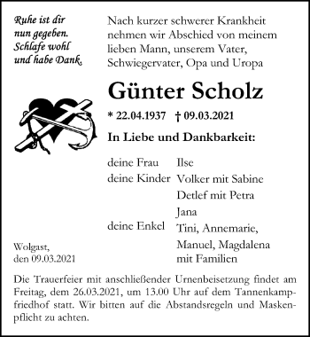 Traueranzeige von Günter Scholz von Ostsee-Zeitung GmbH
