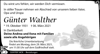 Traueranzeige von Günter Walther von Leipziger Volkszeitung
