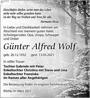 Traueranzeige von Günter Alfred Wolf von Leipziger Volkszeitung