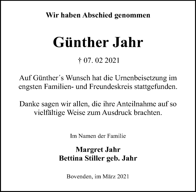  Traueranzeige für Günther Jahr vom 06.03.2021 aus Göttinger Tageblatt