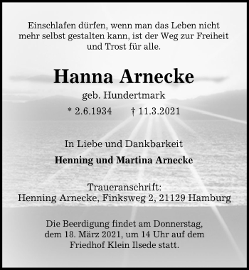 Traueranzeige von Hanna Arnecke von Peiner Allgemeine Zeitung