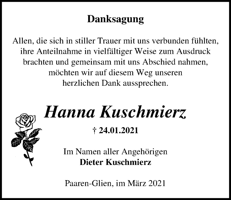  Traueranzeige für Hanna Kuschmierz vom 20.03.2021 aus Märkischen Allgemeine Zeitung