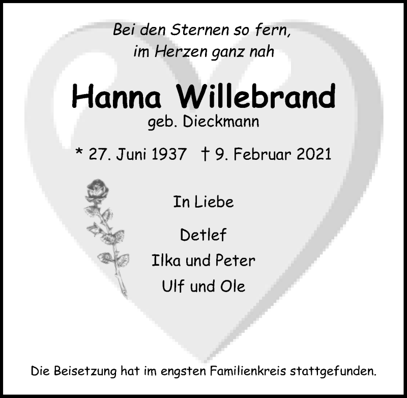  Traueranzeige für Hanna Willebrand vom 06.03.2021 aus Peiner Allgemeine Zeitung