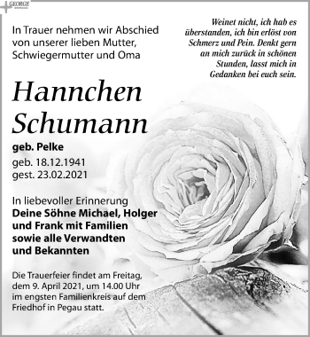Traueranzeige von Hannchen Schumann von Leipziger Volkszeitung