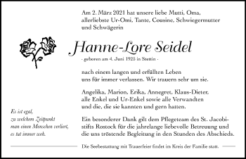 Traueranzeige von Hanne-Lore Seidel von Ostsee-Zeitung GmbH