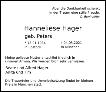 Traueranzeige von Hanneliese Hager von Ostsee-Zeitung GmbH