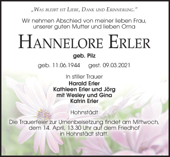 Traueranzeige von Hannelore Erler von Leipziger Volkszeitung