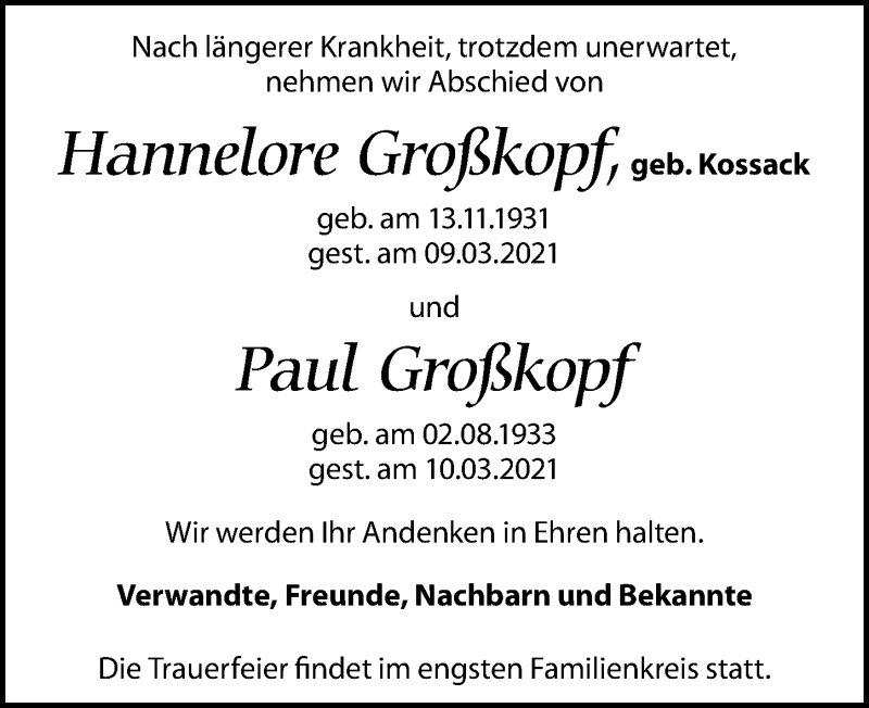  Traueranzeige für Hannelore Großkopf vom 27.03.2021 aus Leipziger Volkszeitung