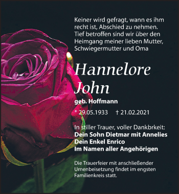Traueranzeige von Hannelore John von Leipziger Volkszeitung