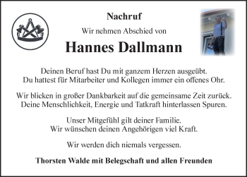 Traueranzeige von Hannes Dallmann von Göttinger Tageblatt