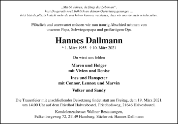 Traueranzeige von Hannes Dallmann von Göttinger Tageblatt