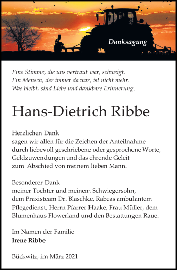 Traueranzeige von Hans-Dietrich Ribbe von Märkischen Allgemeine Zeitung