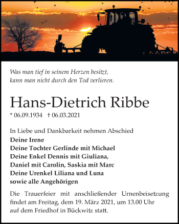 Traueranzeige von Hans-Dietrich Ribbe von Märkischen Allgemeine Zeitung