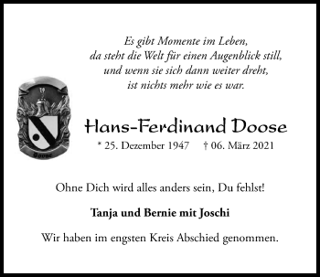 Traueranzeige von Hans-Ferdinand Doose von Kieler Nachrichten